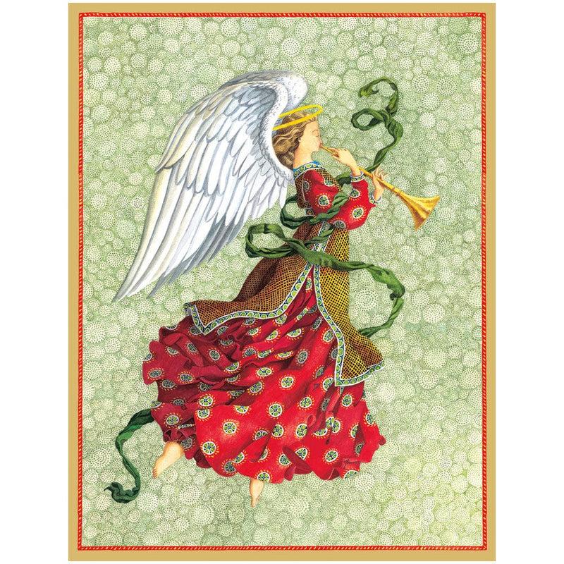 caspari Angel In Red Dress With Trumpet C-Sized Boxed Christmas Cards - 12 Cards & 13 Envelopes