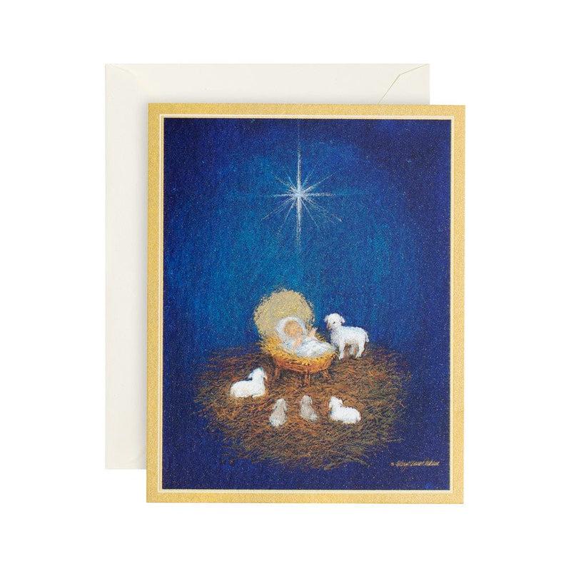 caspari Baby in Manger Under a Blue Sky Mini Boxed Christmas Cards - 15 Cards & 15 Envelopes