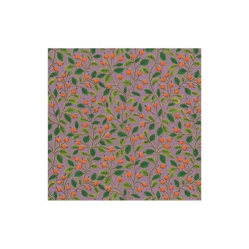 Caspari Berries And Leaves Paper Cocktail Napkins In Soft Plum - 20 Per Package