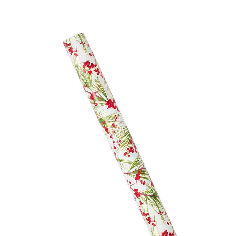 Caspari Berries And Pine Gift Wrapping Paper In White - 30" X 8' Roll