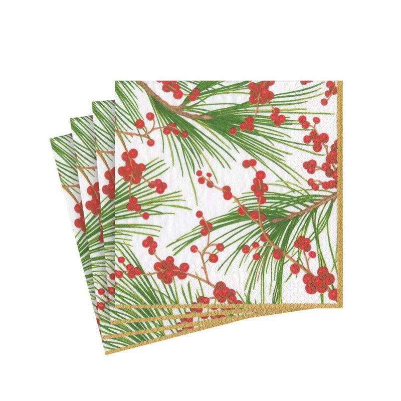 Caspari Berries And Pine Paper Cocktail Napkins - 20 Per Package