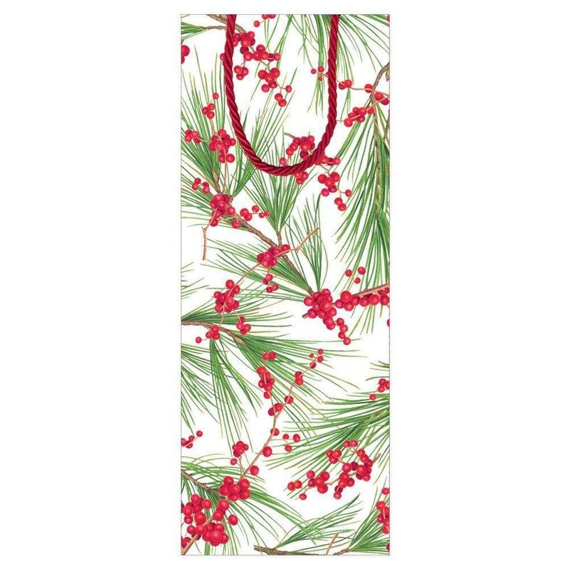 Caspari Berries And Pine Wine & Bottle Gift Bag In White - 1 Each