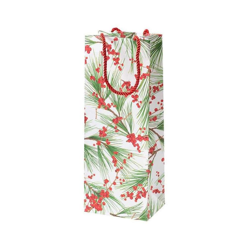caspari Berries and Pine Wine & Bottle Gift Bag in White - 1 Each