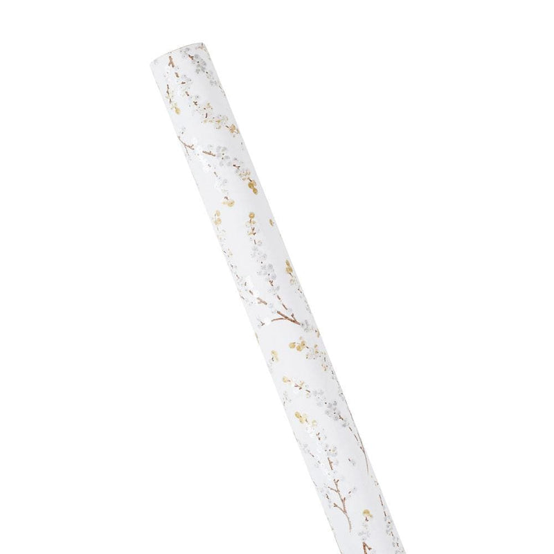 Caspari Berry Branches Gift Wrapping Paper In White & Silver - 30" X 8' Roll