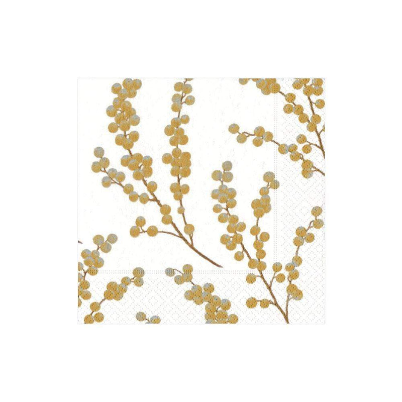 Caspari Berry Branches Paper Cocktail Napkins In White & Gold - 20 Per Package