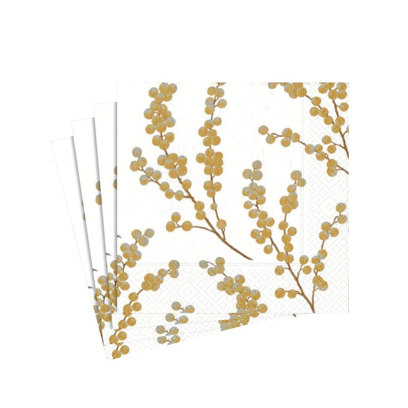 caspari Berry Branches Paper Cocktail Napkins in White & Gold - 20 Per Package