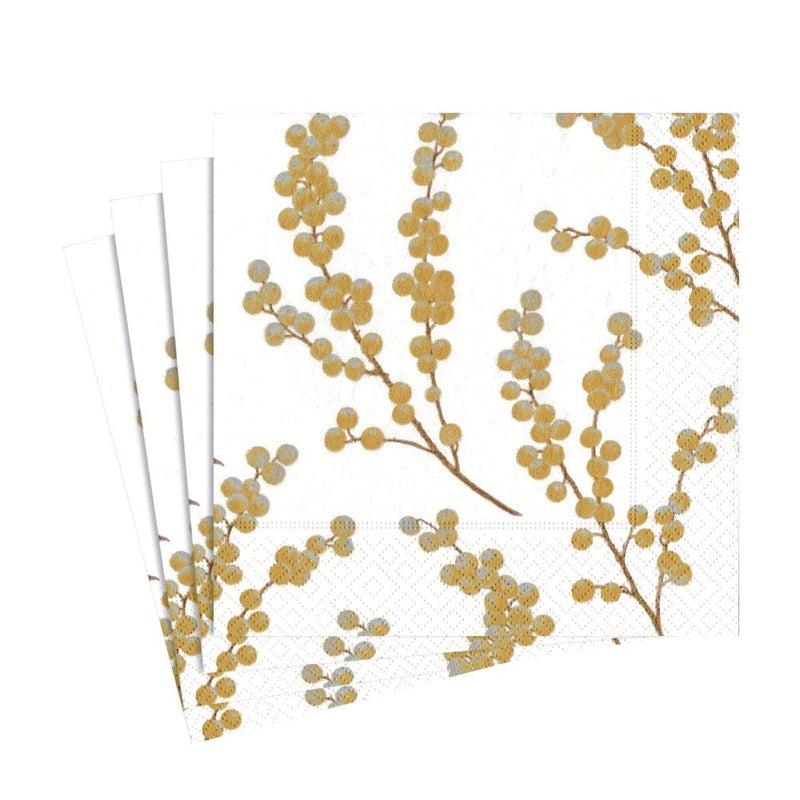 Caspari Berry Branches Paper Luncheon Napkins In White & Gold - 20 Per Package