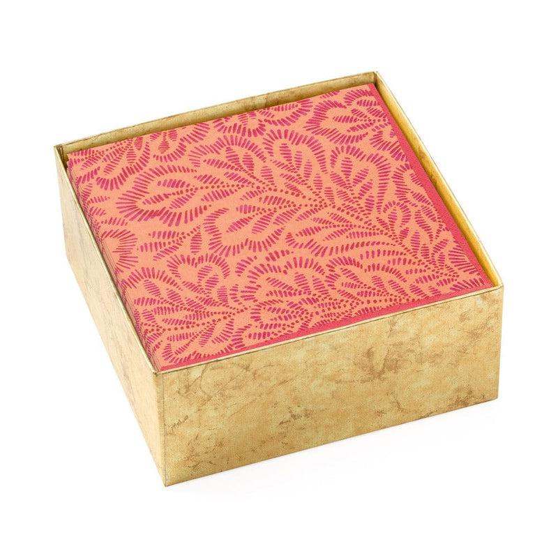 Caspari Block Print Leaves Boxed Paper Cocktail Napkins In Fuchsia & Orange - 40 Per Box