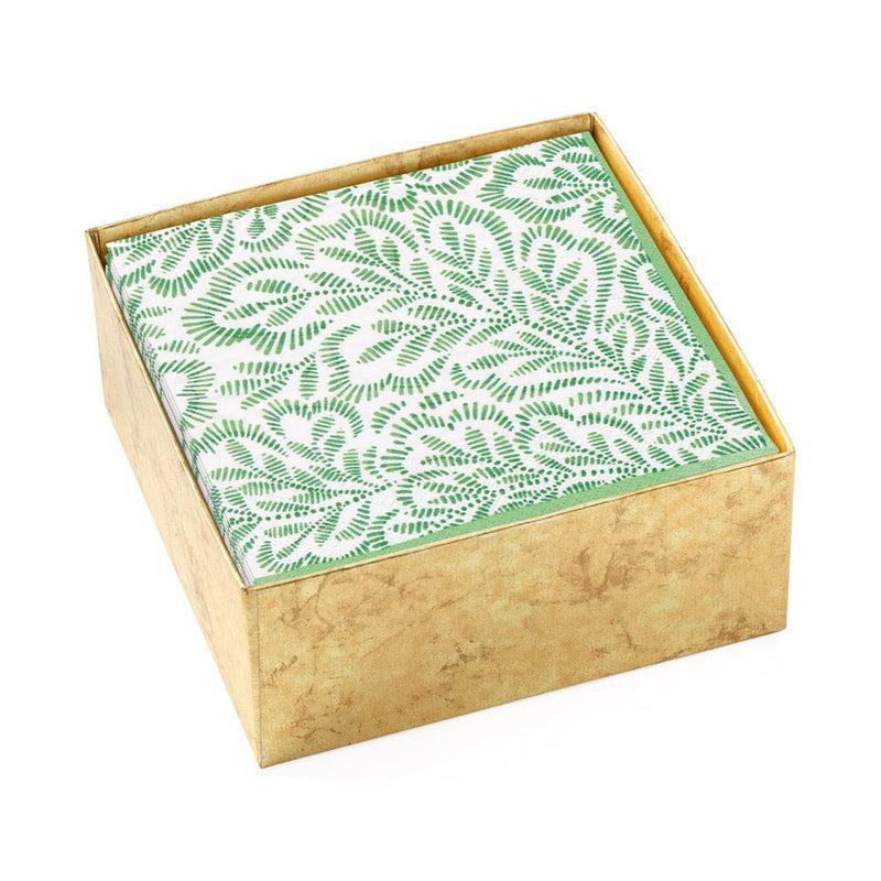 Caspari Block Print Leaves Boxed Paper Cocktail Napkins In Green - 40 Per Box