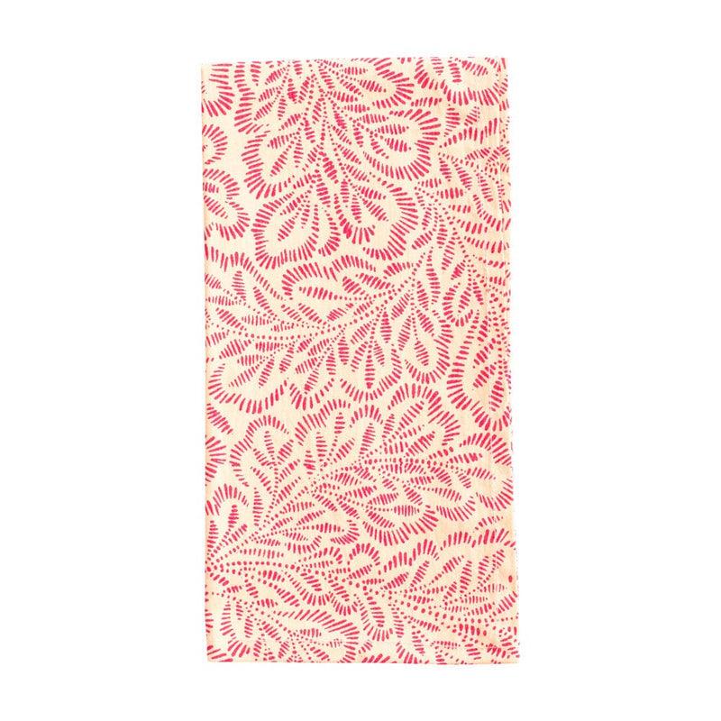 Caspari Block Print Leaves Cotton Dinner Napkins In Coral & Fuchsia - Set Of 4