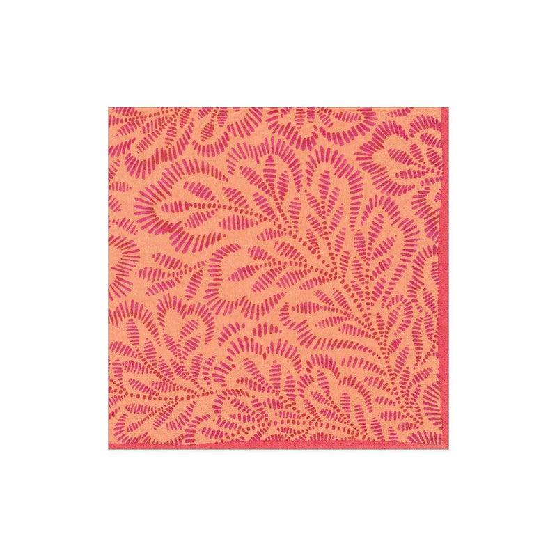 Caspari Block Print Leaves Paper Cocktail Napkins In Fuchsia & Orange - 20 Per Package