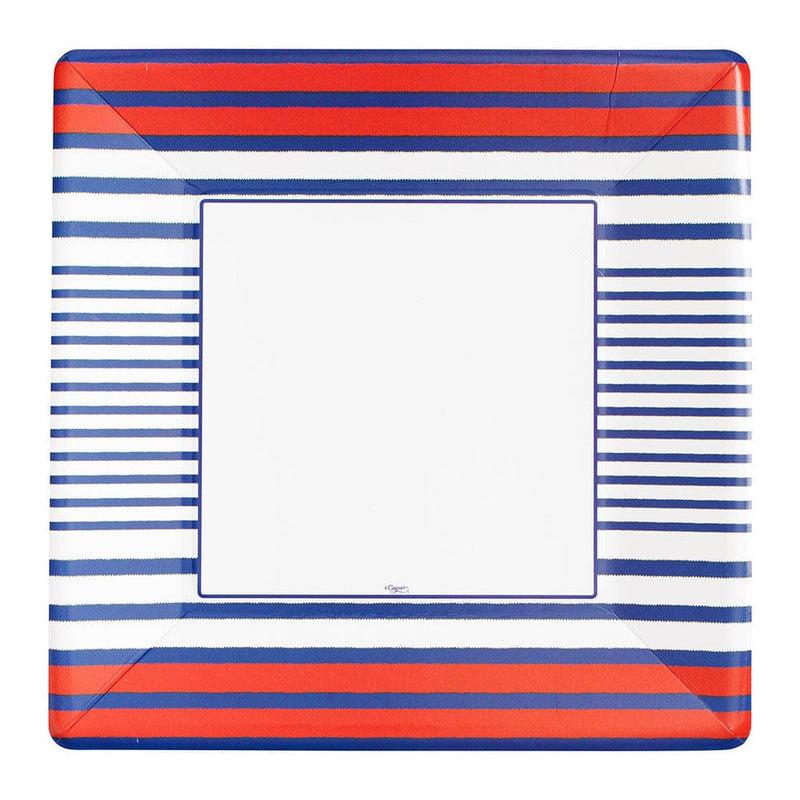 Caspari Breton Stripe Square Dinner Plates In Blue - 8 Per Package