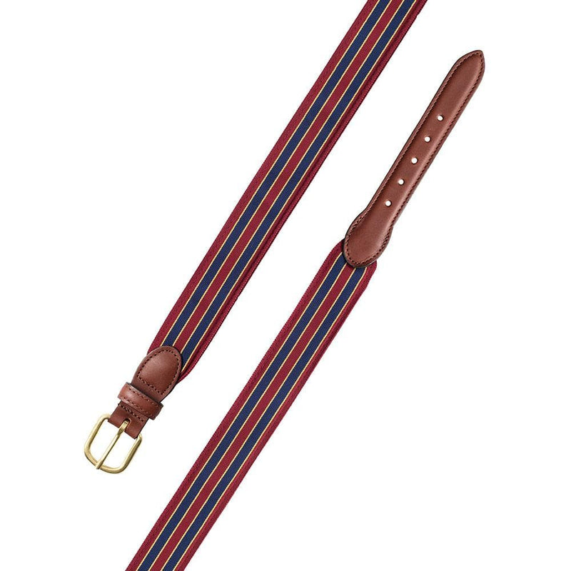 Caspari Brick Navy & Gold Grosgrain Belt With Brown Leather