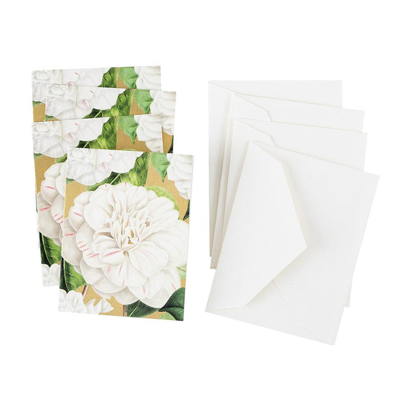 Caspari Camellia Garden Gift Enclosure Cards In Gold - 4 Mini Cards & 4 Envelopes