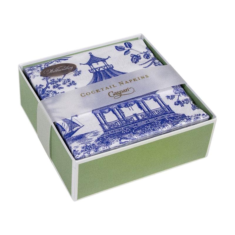 Caspari Chinoiserie Toile Pagoda Boxed Cocktail Napkins In Blue - 40 Per Box