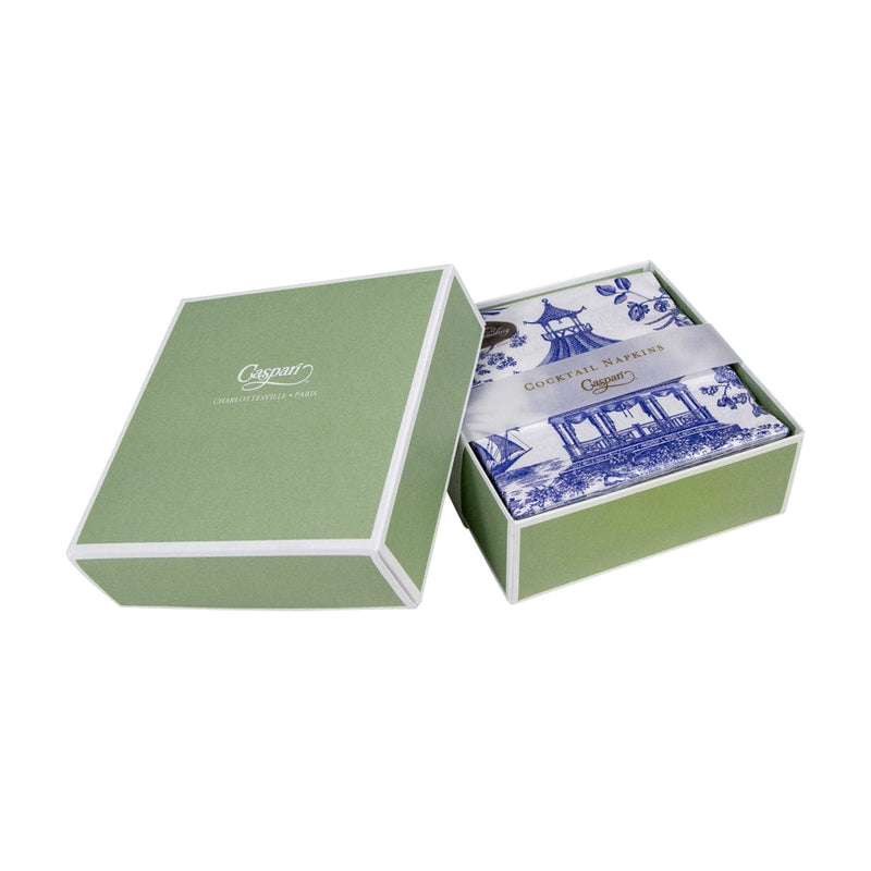 Caspari Chinoiserie Toile Pagoda Boxed Cocktail Napkins In Blue - 40 Per Box