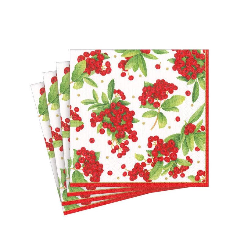 Caspari Christmas Berry Paper Cocktail Napkins In Red - 20 Per Package