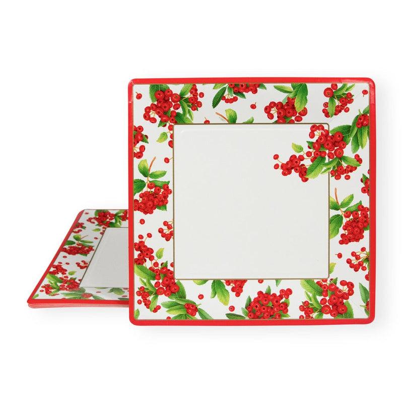 Caspari Christmas Berry Square Paper Dinner Plates In Red - 8 Per Package