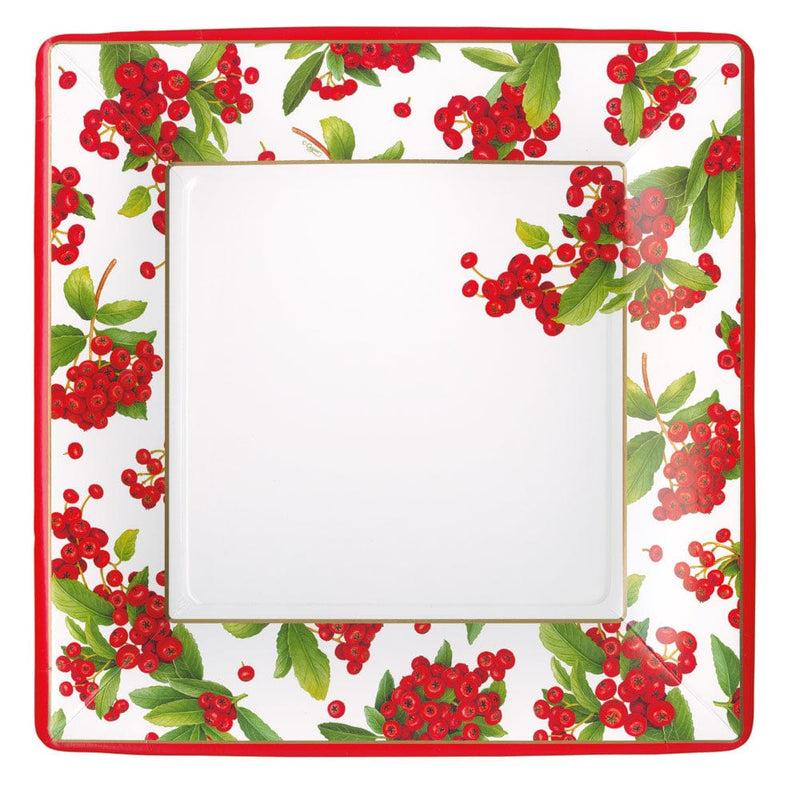 Caspari Christmas Berry Square Paper Dinner Plates In Red - 8 Per Package