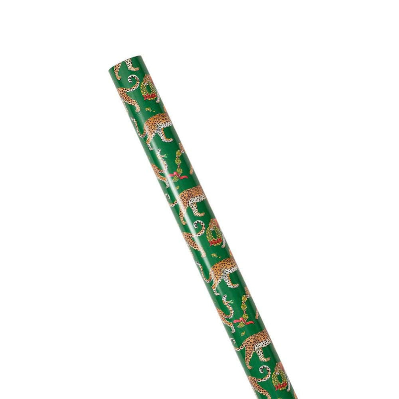 Caspari Christmas Leopards Gift Wrapping Paper In Dark Green - 30" X 8' Roll