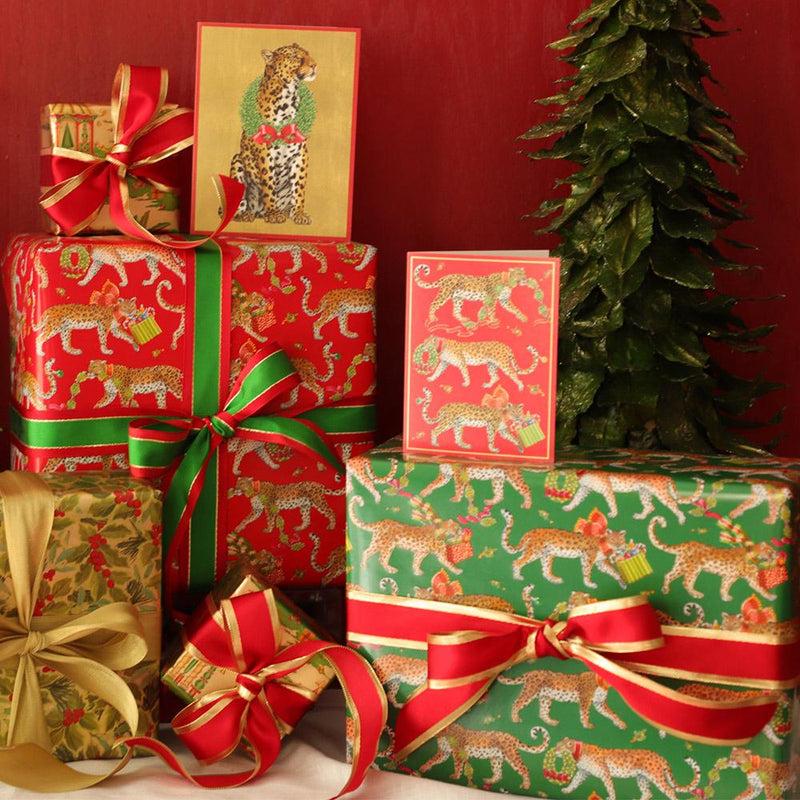 Caspari Christmas Leopards Gift Wrapping Paper In Red - 30" X 8' Roll