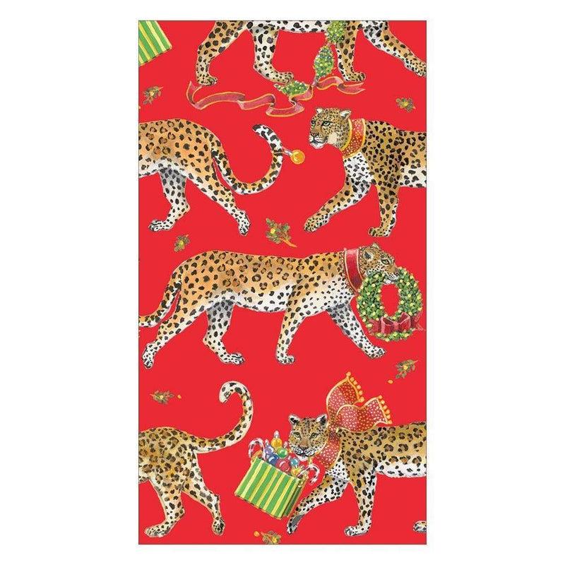 Caspari Christmas Leopards Paper Guest Towel Napkins In Red - 15 Per Package