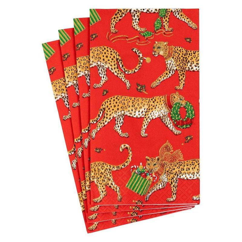 caspari Christmas Leopards Paper Guest Towel Napkins in Red - 15 Per Package