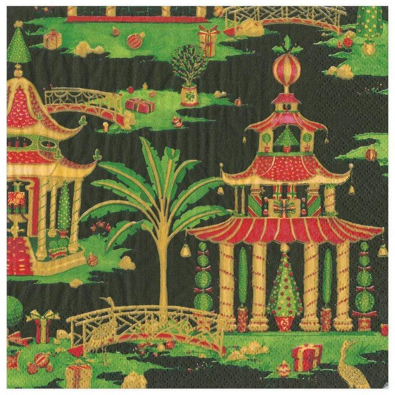caspari Christmas Pagodas Paper Dinner Napkins in Black - 20 Per Package