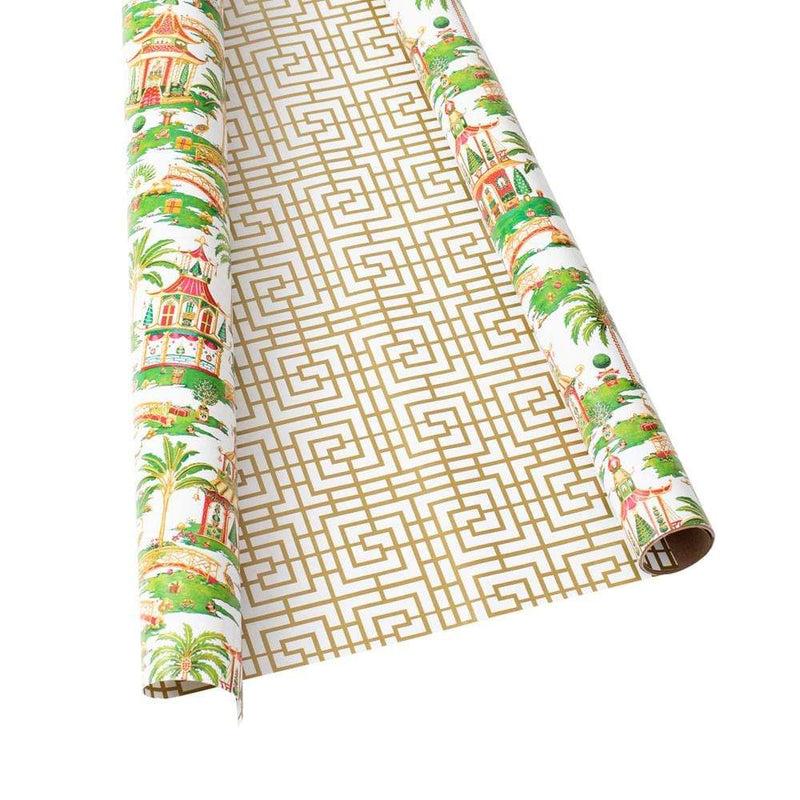Caspari Christmas Pagodas Reversible Gift Wrapping Paper In White - 30" X 8' Roll