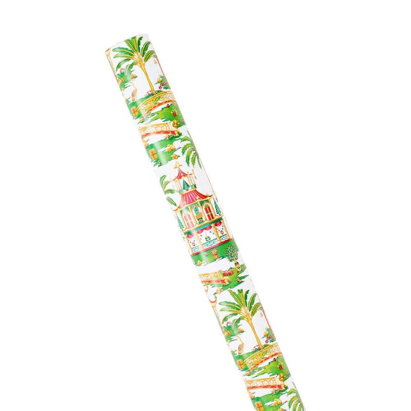 Caspari Christmas Pagodas Reversible Gift Wrapping Paper In White - 30" X 8' Roll