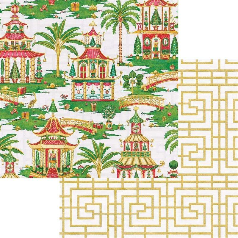 Caspari Christmas Pagodas Reversible Gift Wrapping Paper In White - 30" X 8' Roll