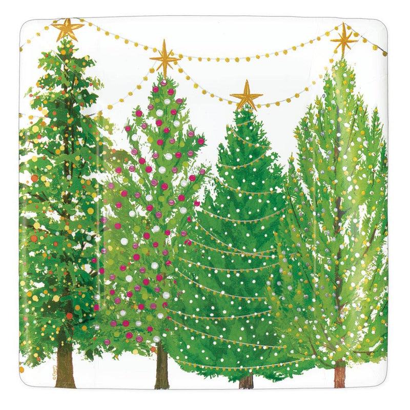 Caspari Christmas Trees With Lights Square Paper Dinner Plates - 8 Per Package