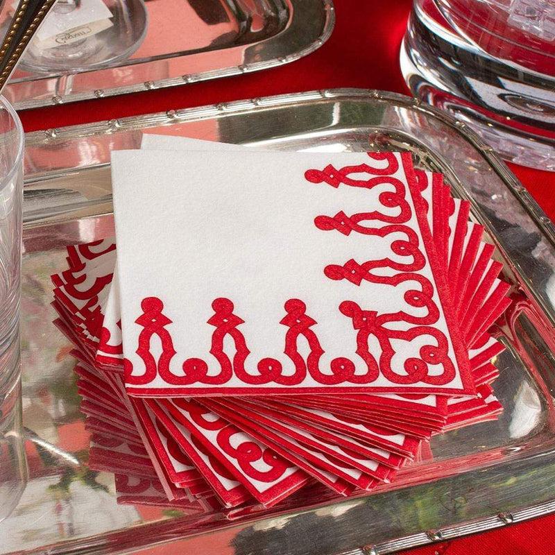 Caspari Dessin Passementerie Paper Linen Cocktail Napkins In Red - 15 Per Package