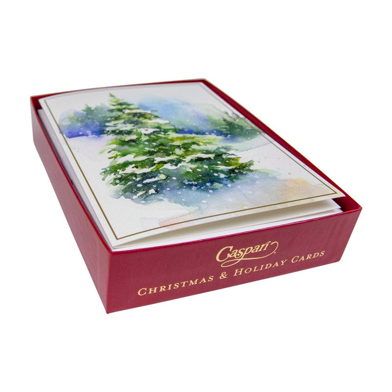 Caspari Evergreens In Snowy Field D-Size Boxed Christmas Cards - 15 Cards And Envelopes