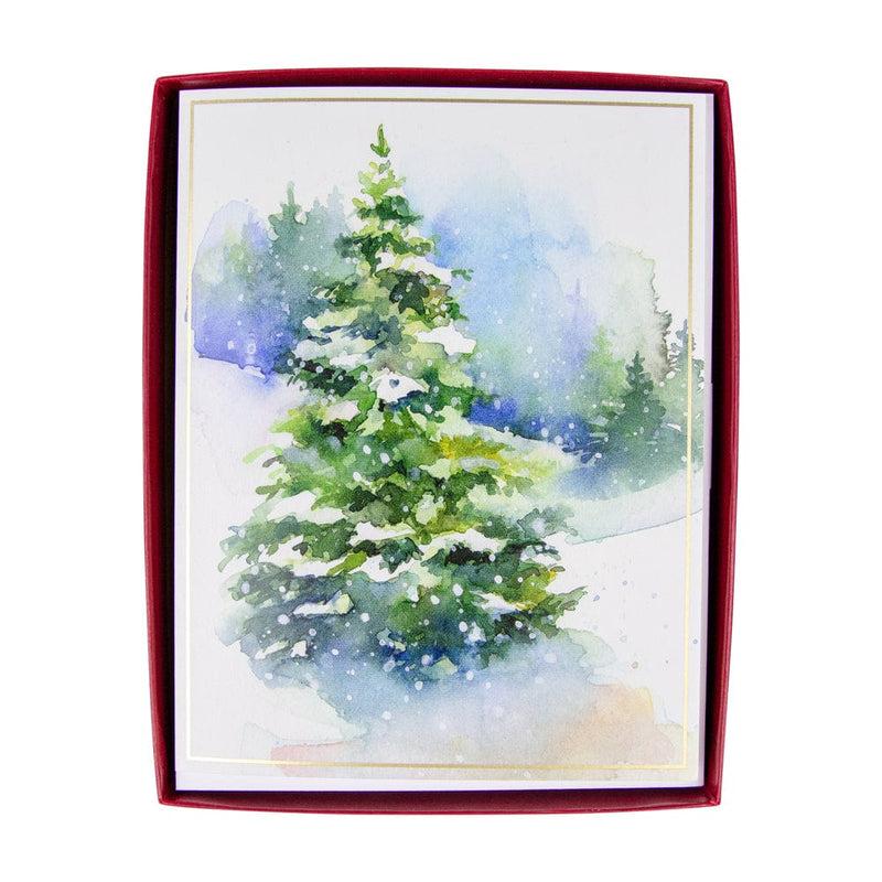caspari Evergreens In Snowy Field D-Size Boxed Christmas Cards - 15 Cards And Envelopes