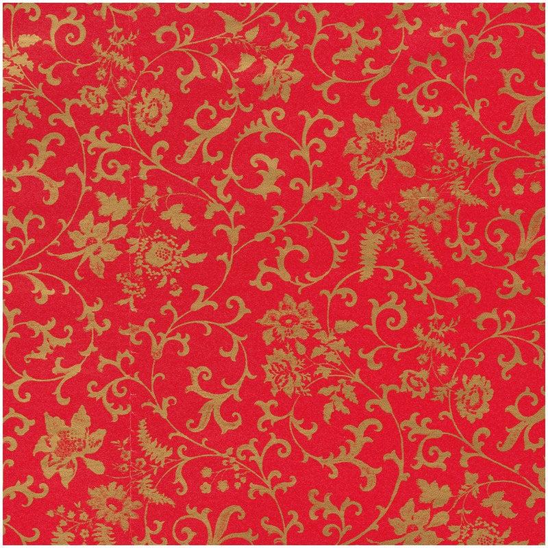 caspari Flora Scrollwork Red & Gold Gift Wrap - One 30" X 8' Roll