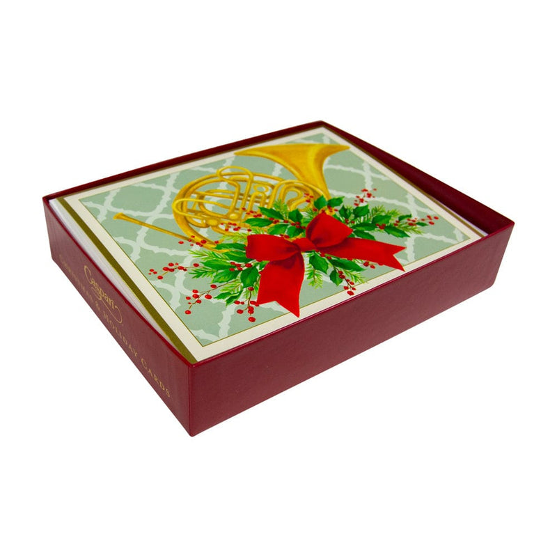 Caspari French Horn With Swag Large Boxed Christmas Cards - 15 Christmas Cards & 15 Envelopes