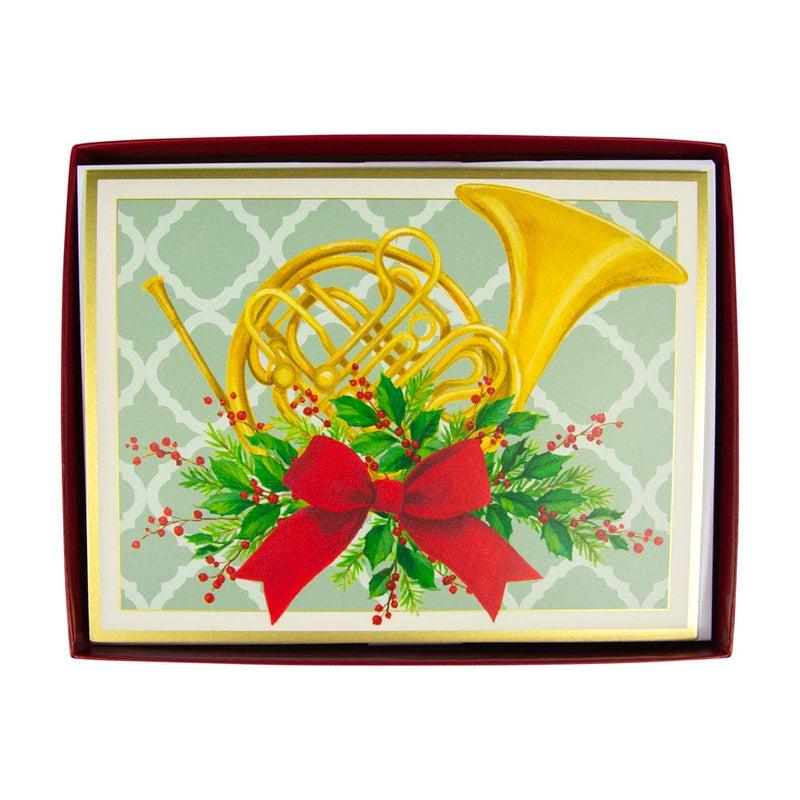 caspari French Horn With Swag Large Boxed Christmas Cards - 15 Christmas Cards & 15 Envelopes