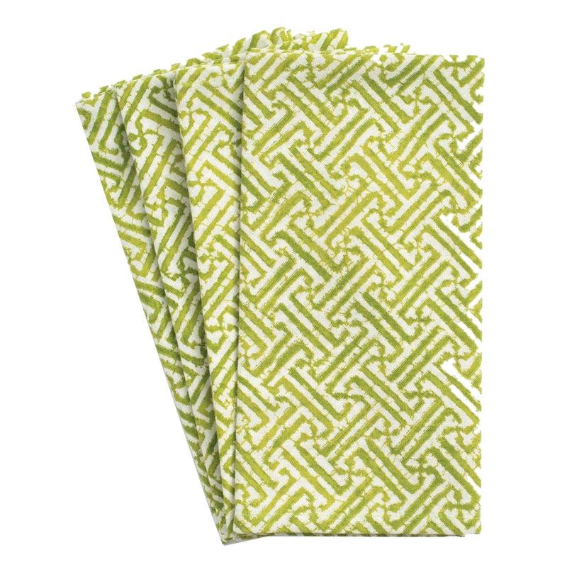 Caspari Fretwork Cotton Dinner Napkins In Green & White - Set Of 4