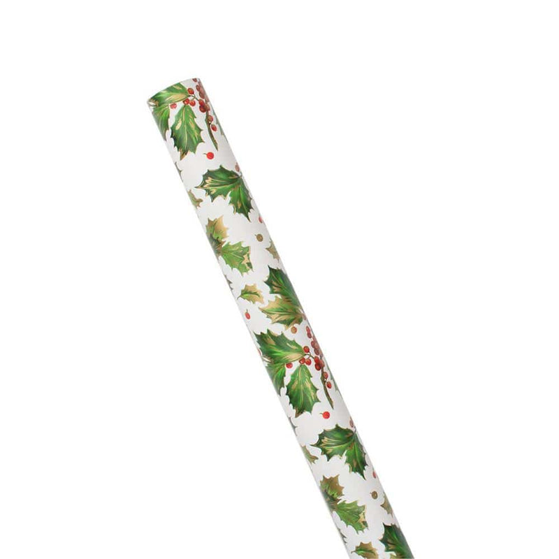 Caspari Gilded Holly Gift Wrapping Paper In White - 30" X 8' Roll