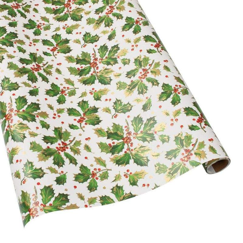 caspari Gilded Holly Gift Wrapping Paper in White - 30" x 8' Roll