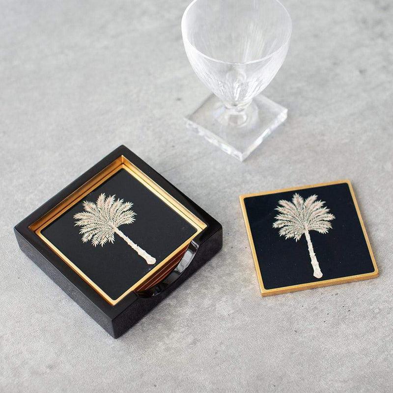 Caspari Grand Palms Square Lacquer Coaster In Holder - Set Of 4