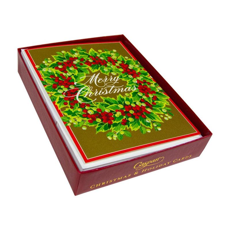 Caspari Holly And Berry Wreath Boxed Christmas Cards - 15 Christmas Cards & 15 Envelopes