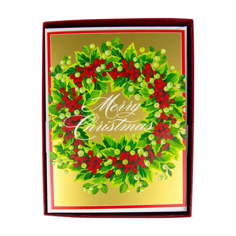 caspari Holly And Berry Wreath Boxed Christmas Cards - 15 Christmas Cards & 15 Envelopes