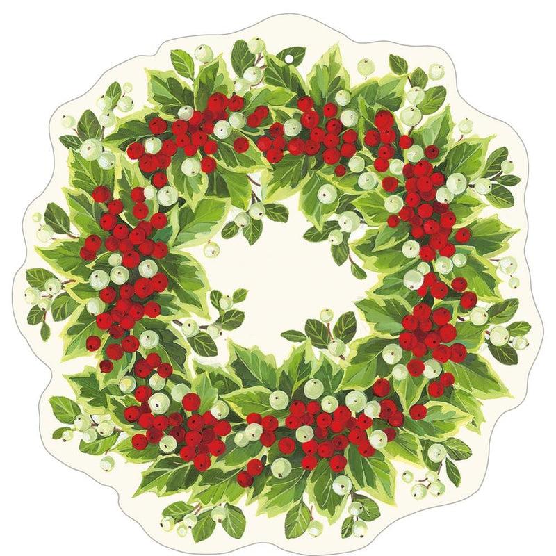 caspari Holly and Berry Wreath Die-Cut Ornament Gift Tags - 4 Per Package