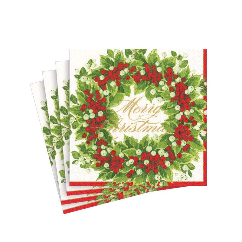 Caspari Holly And Berry Wreath Merry Christmas Paper Cocktail Napkins - 20 Per Package