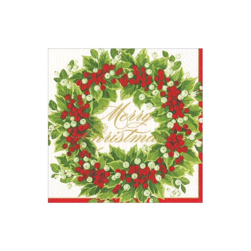 caspari Holly and Berry Wreath Merry Christmas Paper Cocktail Napkins - 20 Per Package