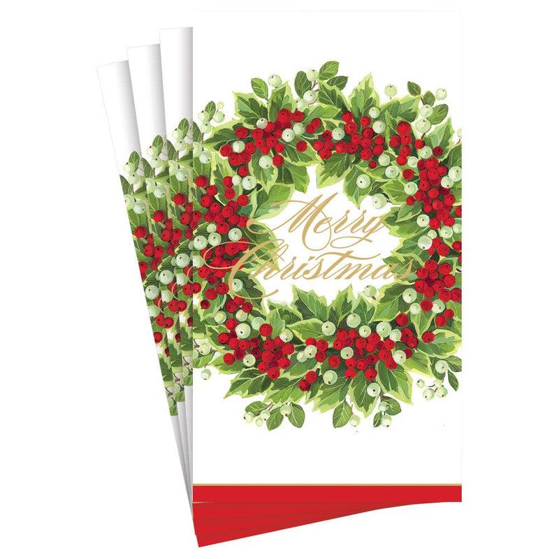 Caspari Holly And Berry Wreath Merry Christmas Paper Guest Towel Napkins - 15 Per Package