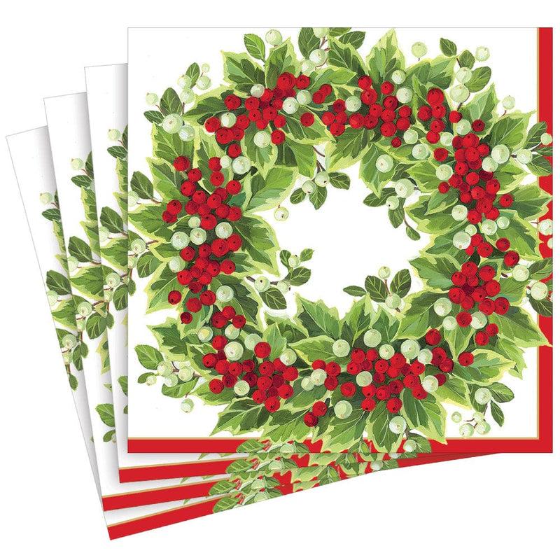 Caspari Holly And Berry Wreath Paper Dinner Napkins - 20 Per Package