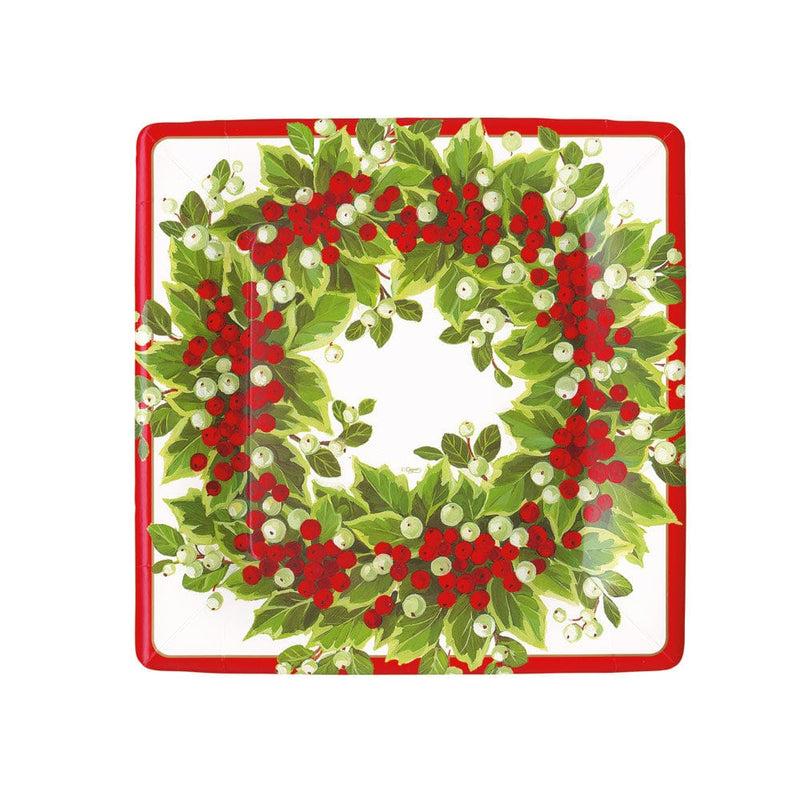 caspari Holly and Berry Wreath Paper Salad & Dessert Plates - 8 Per Package